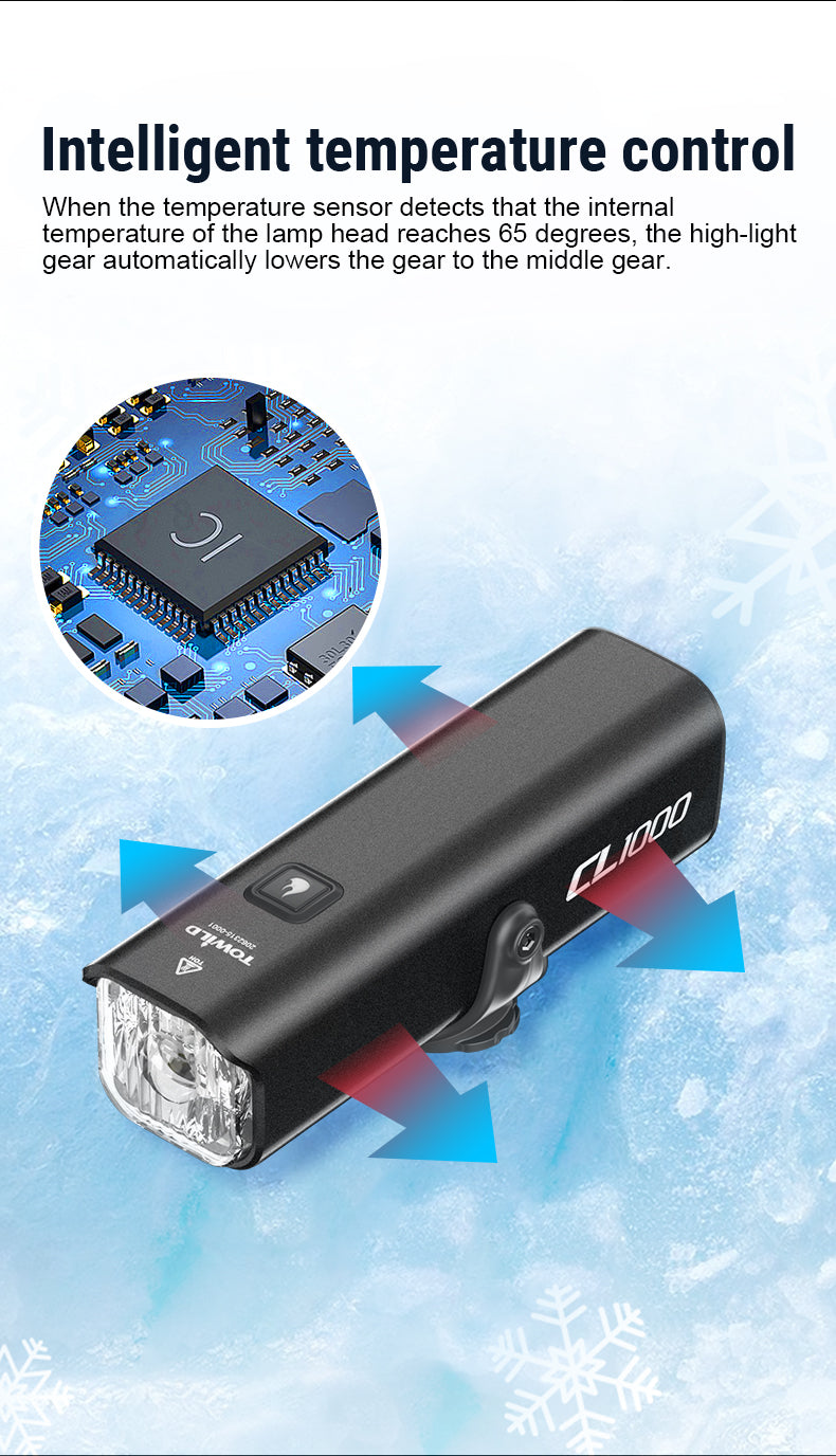 TOWILD CL1000 Luce per bici per guida notturna compatibile con supporto Garmin/GoPro Faro per bicicletta luminoso da 1000 lumen Batteria da 4000 mAh Luce per bici impermeabile per pendolari