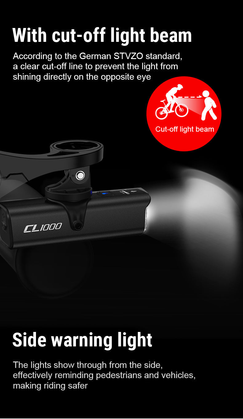 TOWILD CL1000 Luce per bici per guida notturna compatibile con supporto Garmin/GoPro Faro per bicicletta luminoso da 1000 lumen Batteria da 4000 mAh Luce per bici impermeabile per pendolari