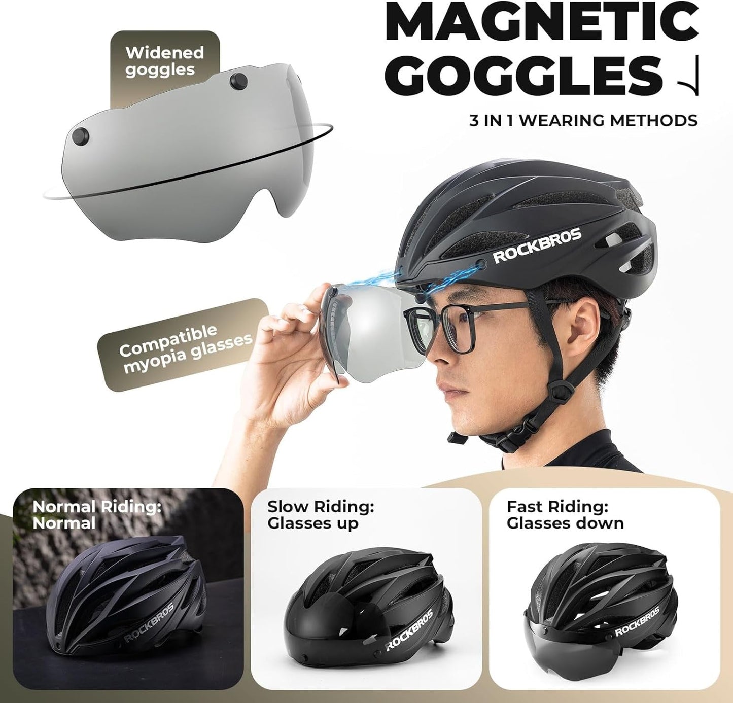 Casco da bicicletta per adulti ROCKBROS con visiera magnetica rimovibile traspirante regolabile per uomo e donna 58-62 cm