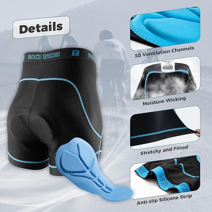 ROCKBROS Pantaloncini da ciclismo da uomo con imbottitura del sedile 4D Intimo da ciclismo traspirante Intimo da bicicletta imbottito Intimo corto elastico MTB Bici da strada M-3XL