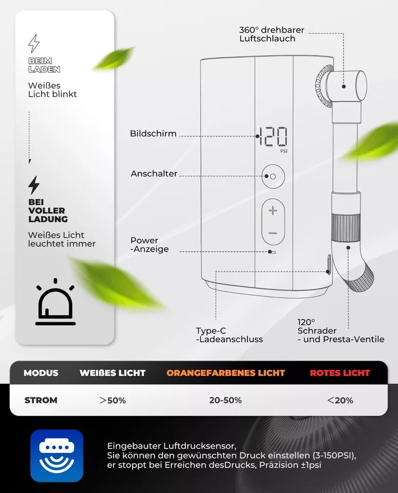 ROCKBROS Pompa per bicicletta Pompa portatile Pompa ad aria elettrica 5000mAh 150PSI 380g