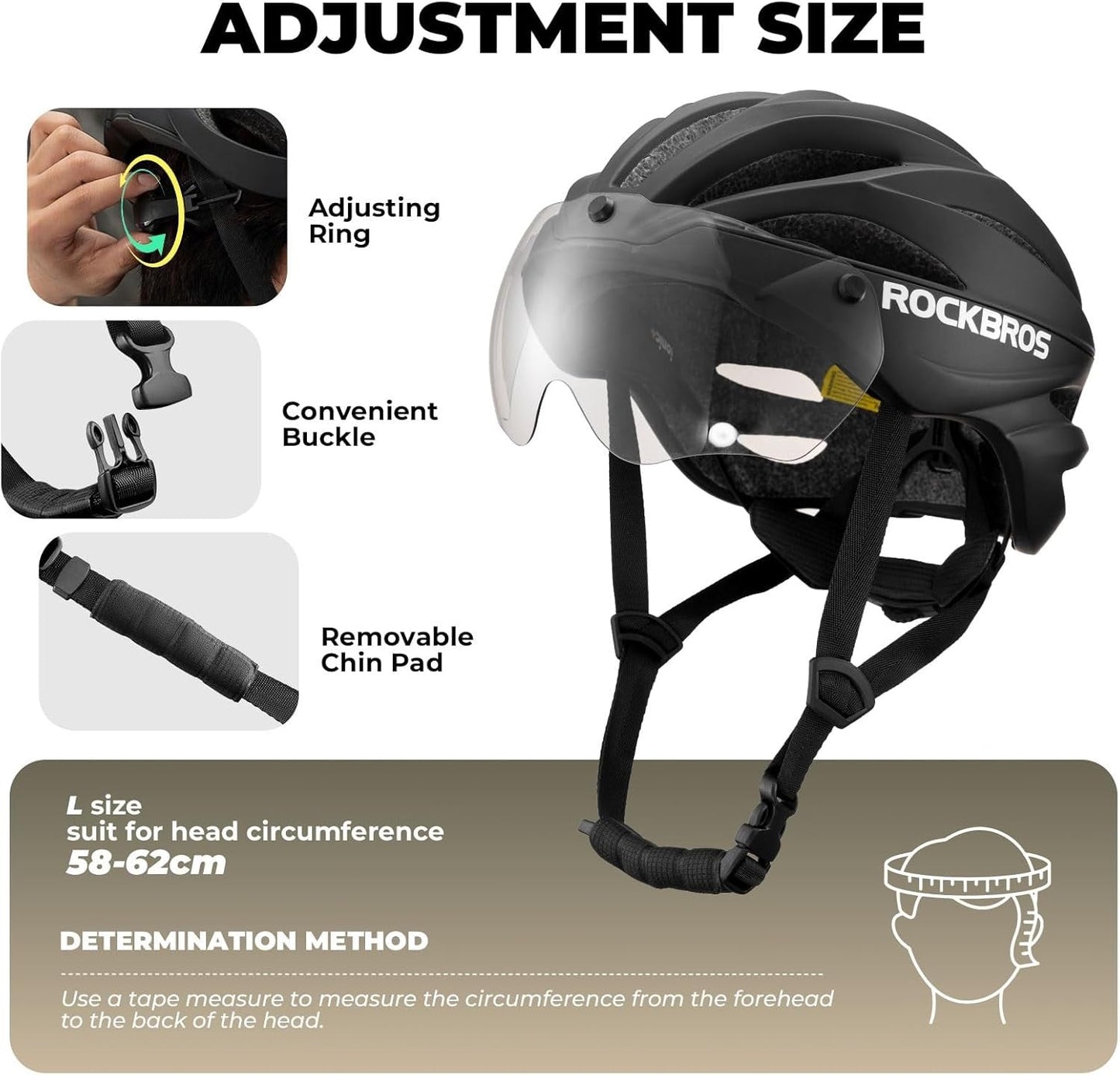 Casco da bicicletta per adulti ROCKBROS con visiera magnetica rimovibile traspirante regolabile per uomo e donna 58-62 cm