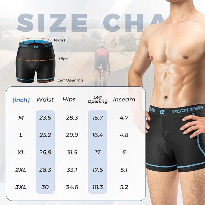 ROCKBROS Pantaloncini da ciclismo da uomo con imbottitura del sedile 4D Intimo da ciclismo traspirante Intimo da bicicletta imbottito Intimo corto elastico MTB Bici da strada M-3XL