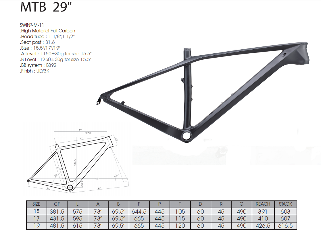 Telaio per bicicletta RINOS T800 in carbonio per MTB hardtail leggero