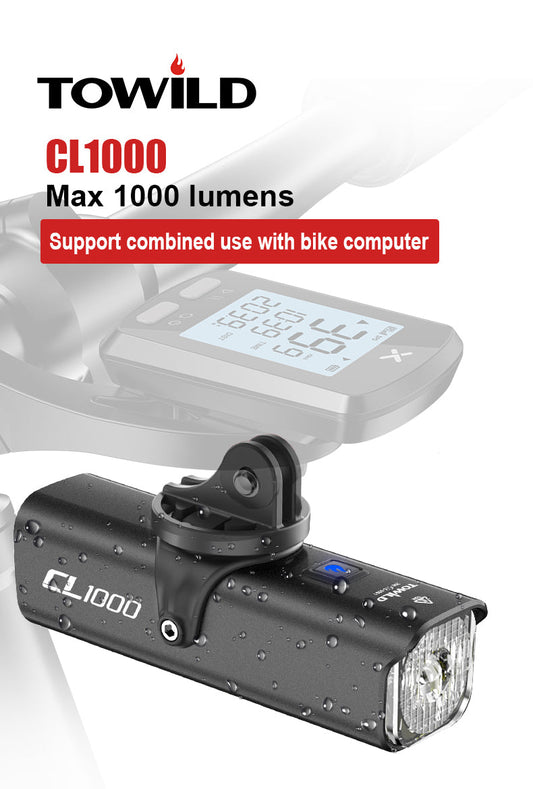 TOWILD CL1000 Luce per bici per guida notturna compatibile con supporto Garmin/GoPro Faro per bicicletta luminoso da 1000 lumen Batteria da 4000 mAh Luce per bici impermeabile per pendolari