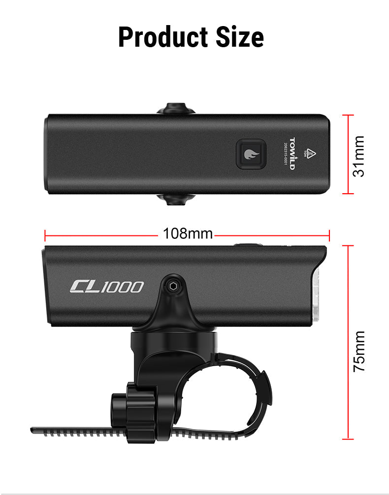 TOWILD CL1000 Luce per bici per guida notturna compatibile con supporto Garmin/GoPro Faro per bicicletta luminoso da 1000 lumen Batteria da 4000 mAh Luce per bici impermeabile per pendolari