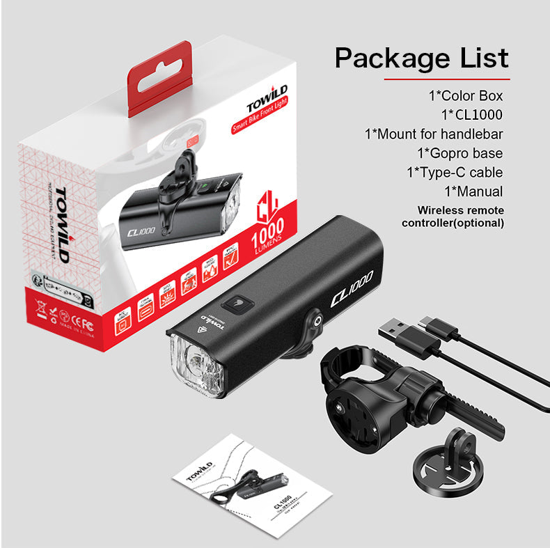 TOWILD CL1000 Luce per bici per guida notturna compatibile con supporto Garmin/GoPro Faro per bicicletta luminoso da 1000 lumen Batteria da 4000 mAh Luce per bici impermeabile per pendolari