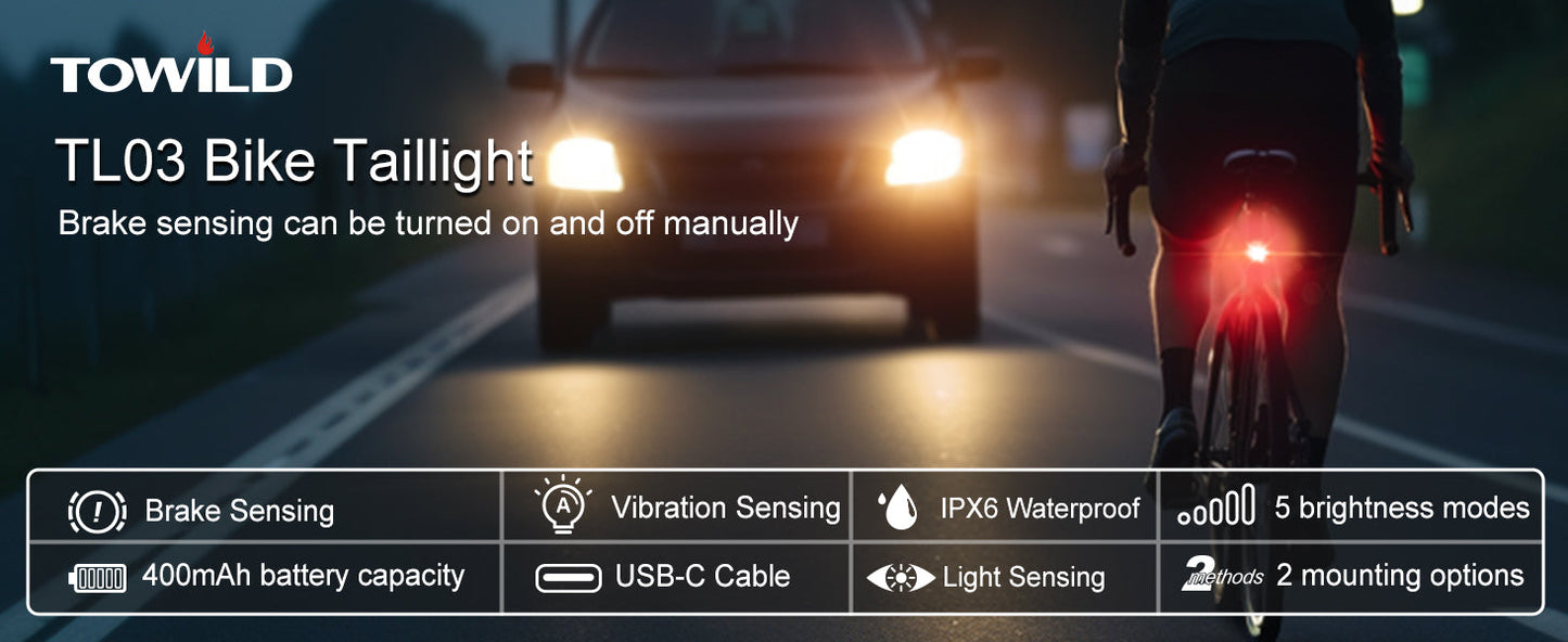 TOWILD TL03 Luce posteriore per bicicletta Luce posteriore per bicicletta con rilevamento automatico Luce posteriore ricaricabile tramite USB IPX7 Impermeabile 3 modalità di sicurezza Ultra luminosa per la guida notturna di sicurezza